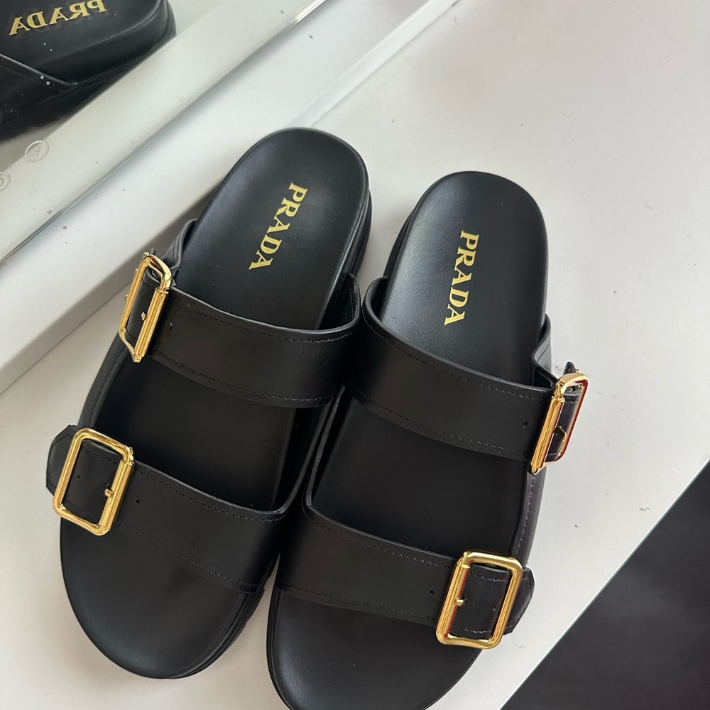 Prada Leather Dual-Buckle Slide Sandals